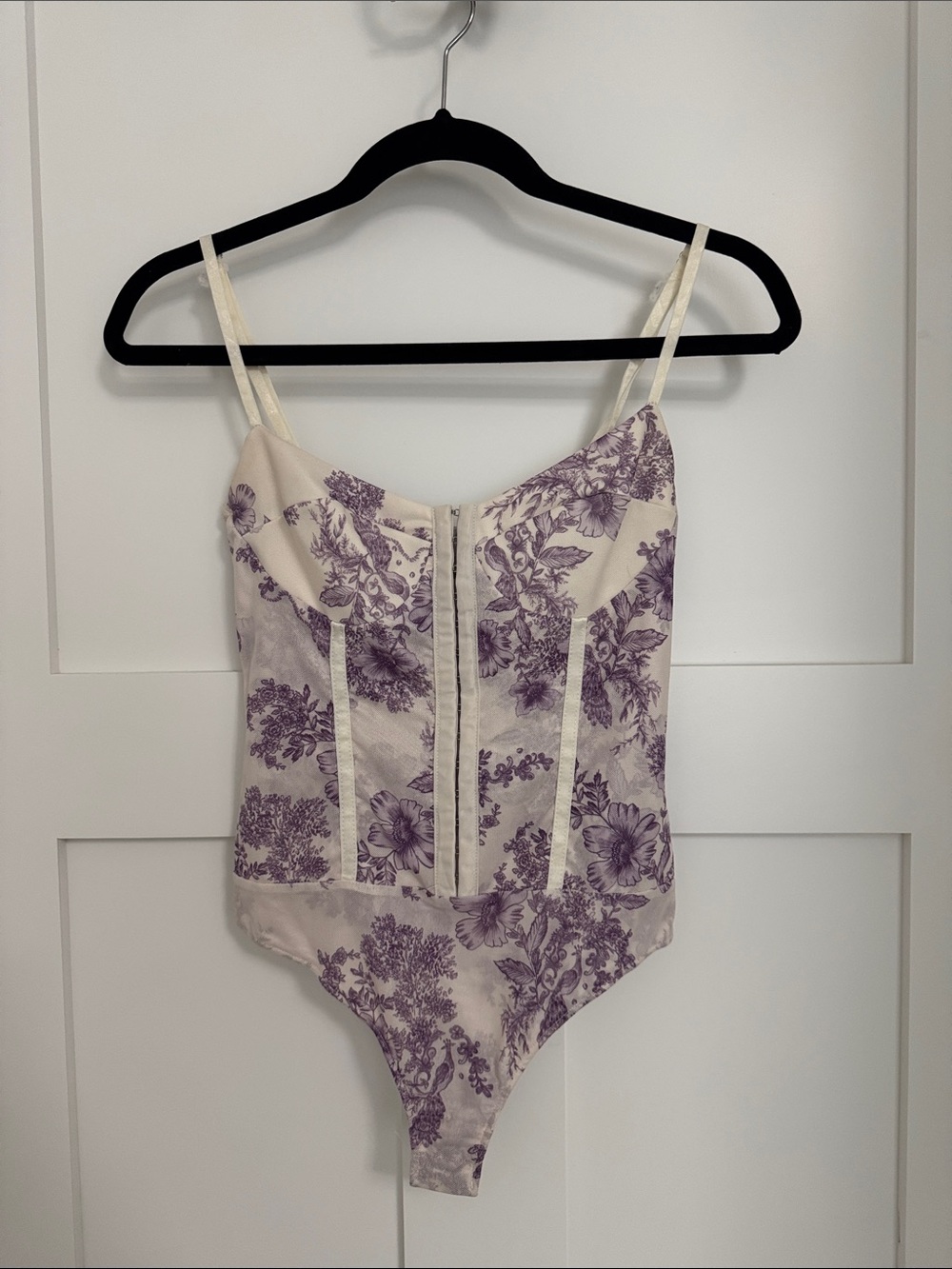 Free People Cream and Lavender Floral Lace-Trim Bodysuit